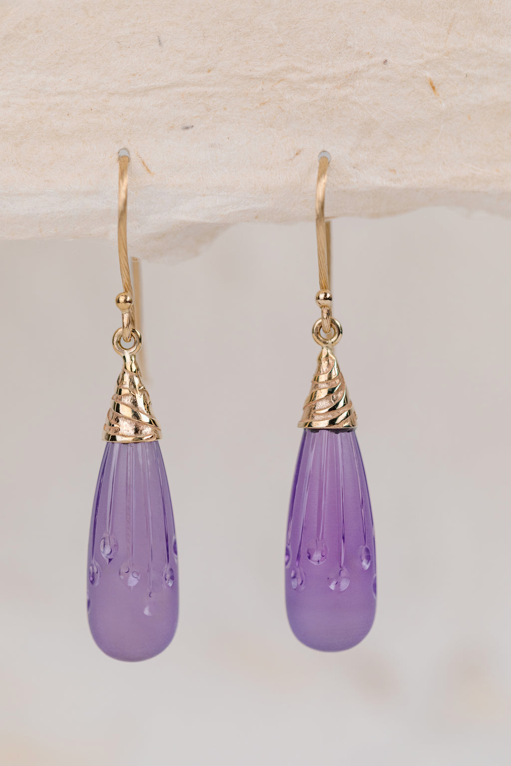 Carved Amethyst & 14K Yellow Gold Earrings